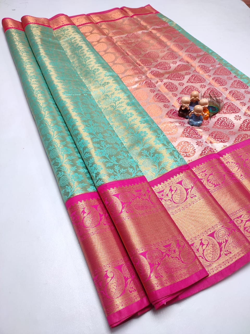 Exclusive Kanchipuram Tissue Silk Saree with Zari Double Weave, Rich Pallu & Contrast Blouse