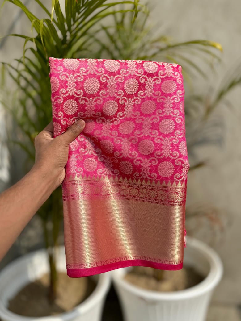 Latest Banarasi Soft Katan Silk Saree | Rich Zari Weaving with Contrast Jacquard Pallu & Blouse