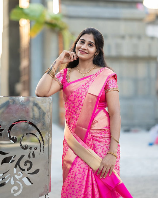 Latest Banarasi Soft Katan Silk Saree | Rich Zari Weaving with Contrast Jacquard Pallu & Blouse