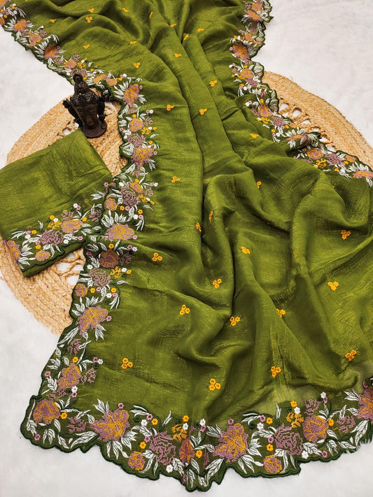 Designer Saree with Heavy Embroidery & Cutwork Border