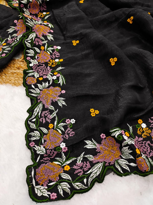 Designer Saree with Heavy Embroidery & Cutwork Border