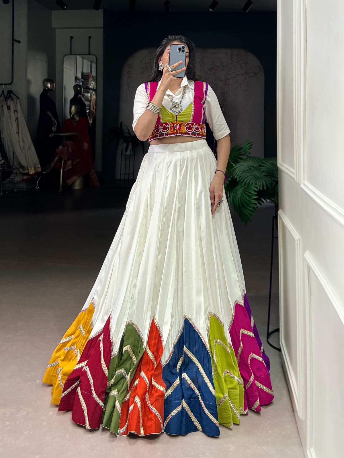 Multi-Colour Patched Lehenga with Casual Shirt Choli & Gamthi Koti