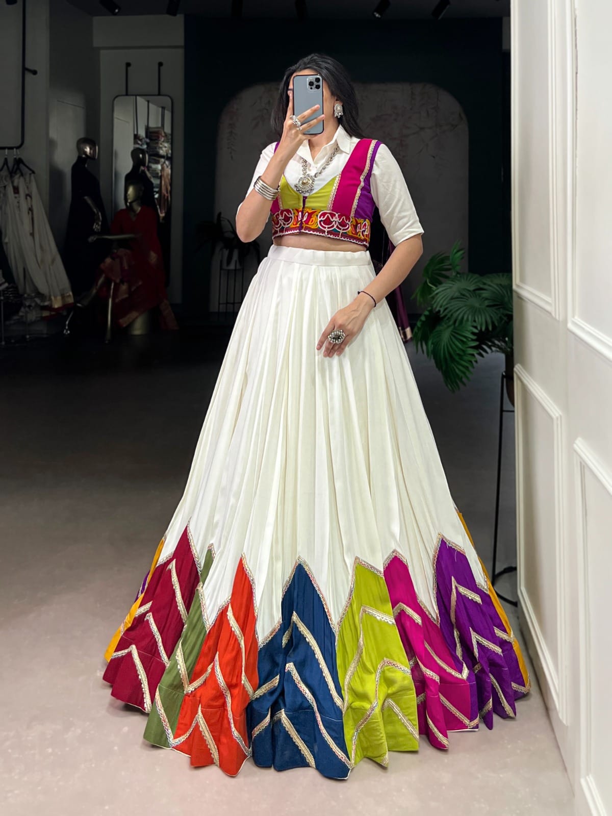 Multi-Colour Patched Lehenga with Casual Shirt Choli & Gamthi Koti
