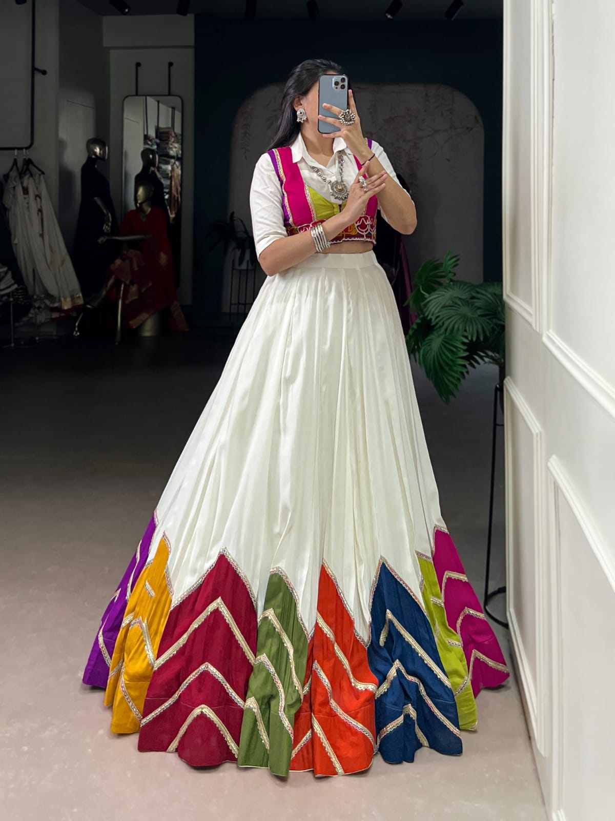 Multi-Colour Patched Lehenga with Casual Shirt Choli & Gamthi Koti