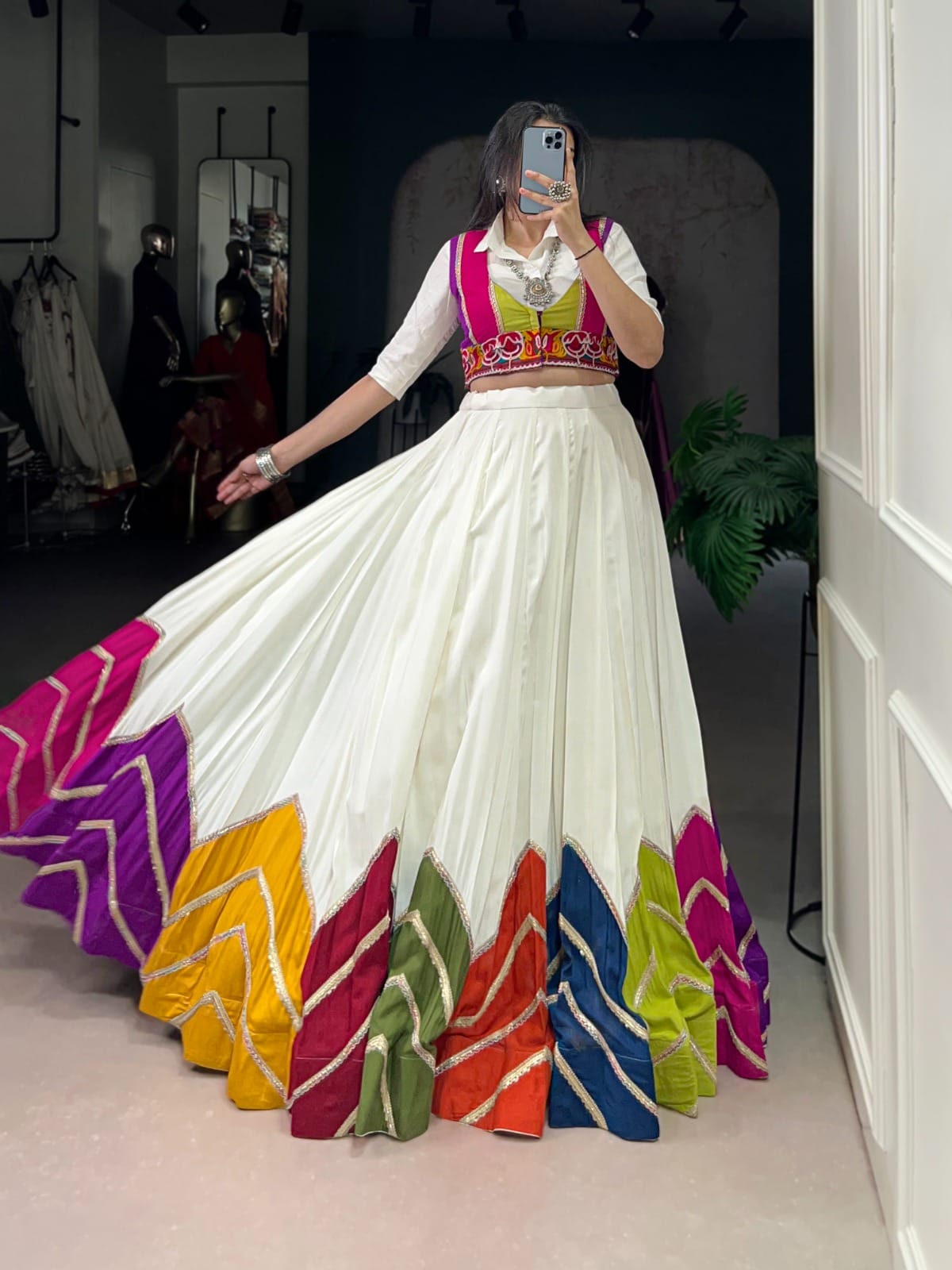 Multi-Colour Patched Lehenga with Casual Shirt Choli & Gamthi Koti