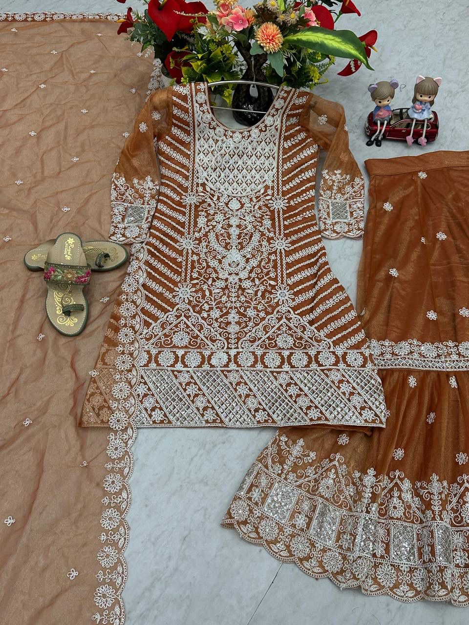 Regal Elegance — Embroidered Lily Net Ensemble