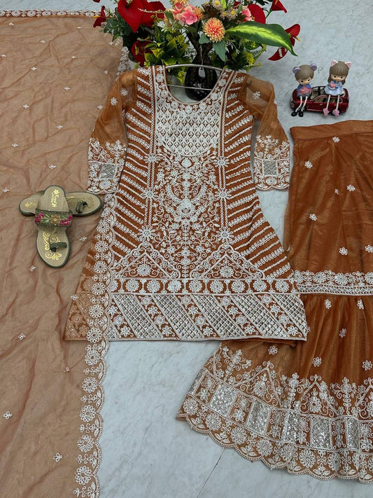 Regal Elegance — Embroidered Lily Net Ensemble