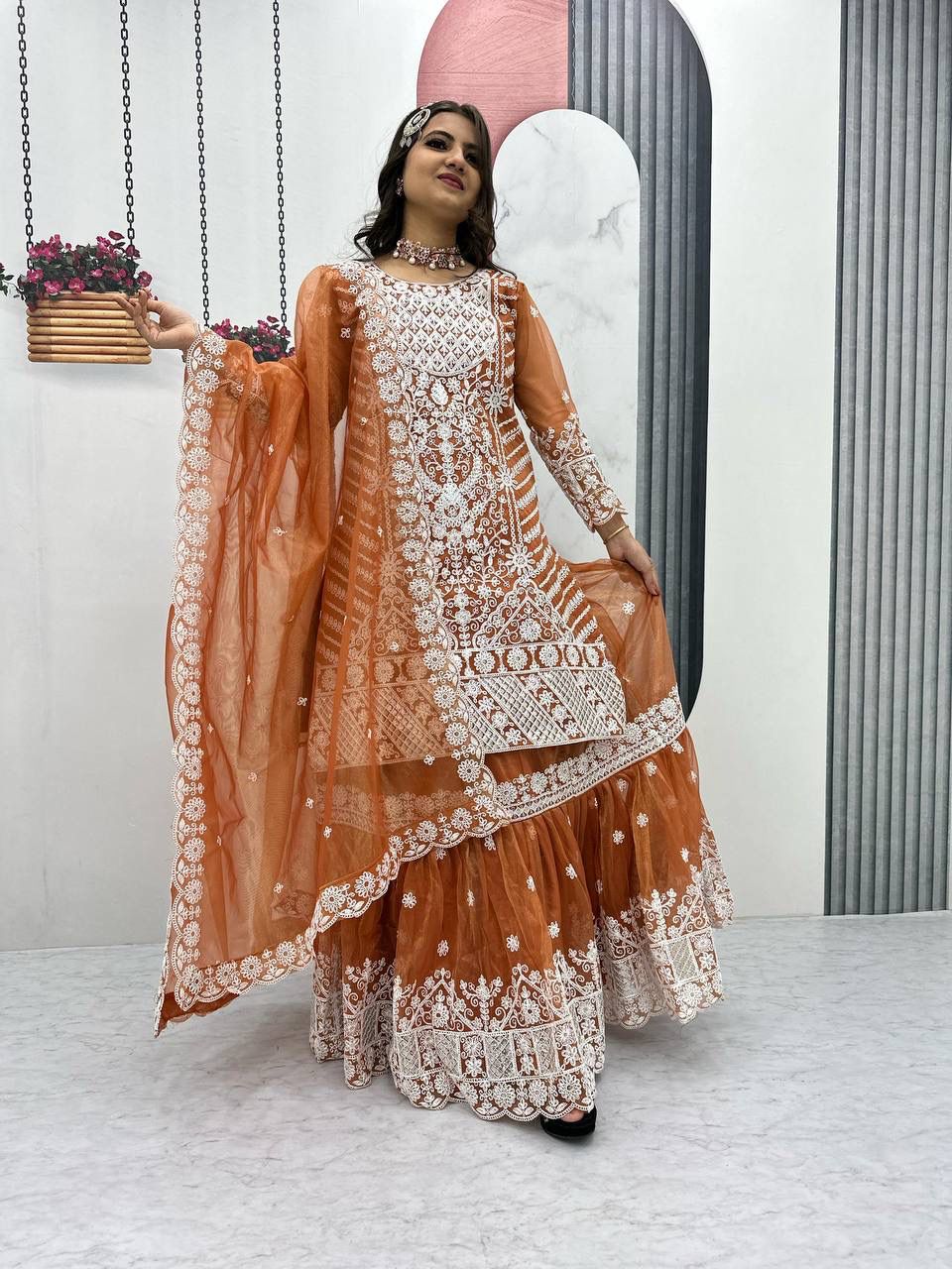 Regal Elegance — Embroidered Lily Net Ensemble