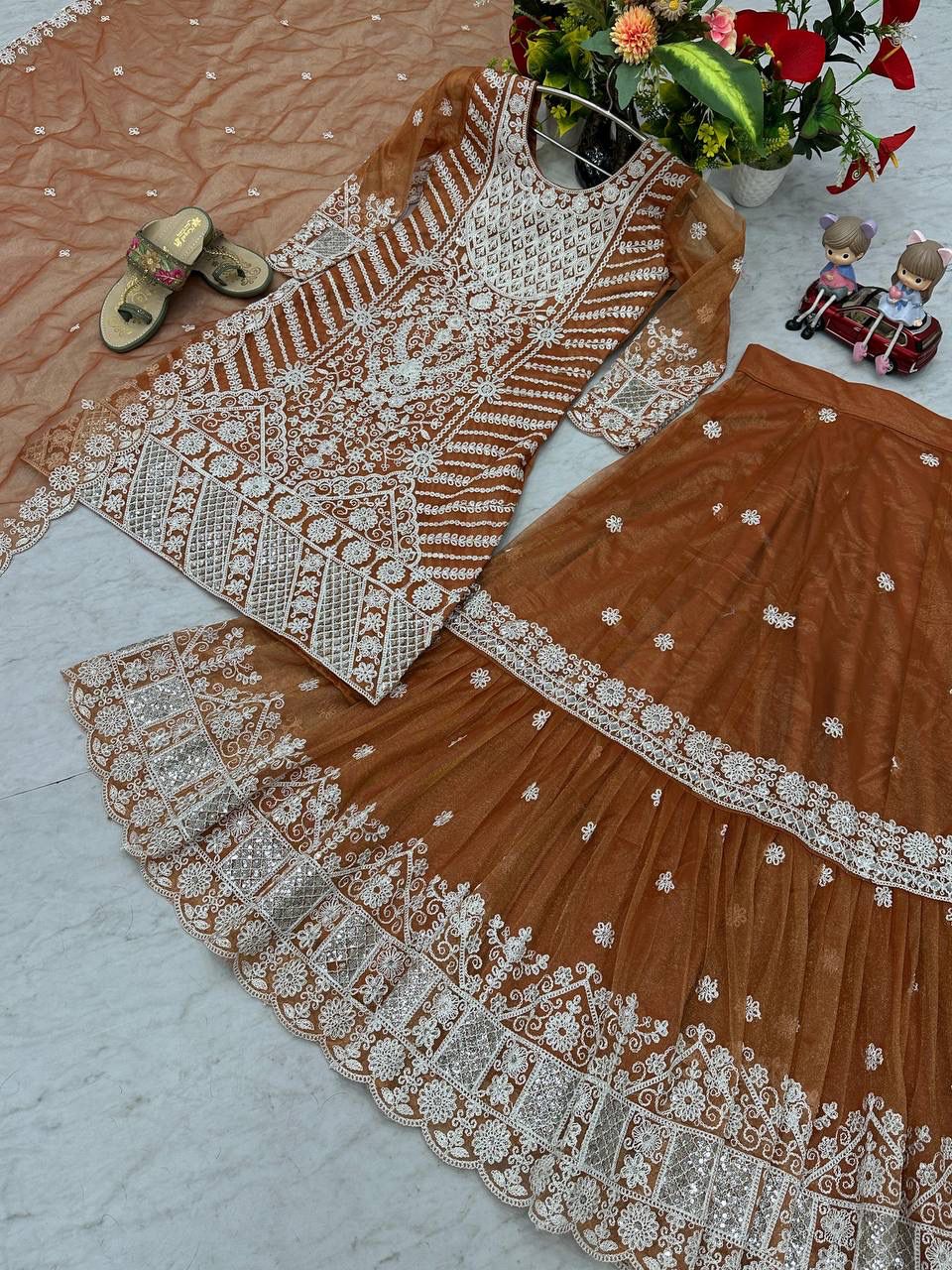 Regal Elegance — Embroidered Lily Net Ensemble