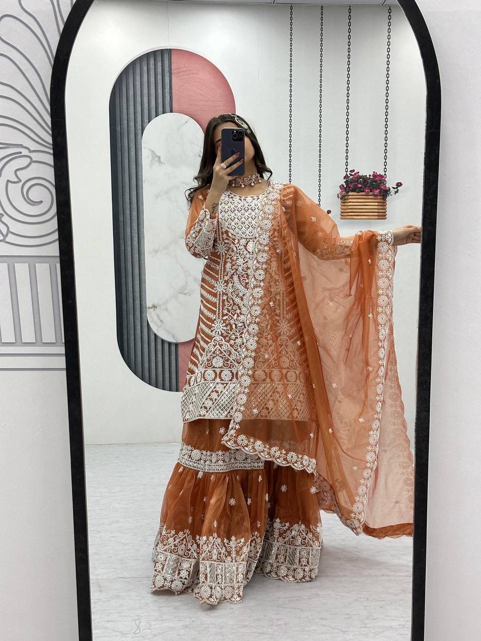 Regal Elegance — Embroidered Lily Net Ensemble