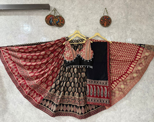 Heavy Ajrakh Cotton Print Chaniya Choli With Readymade Blouse & Dupatta