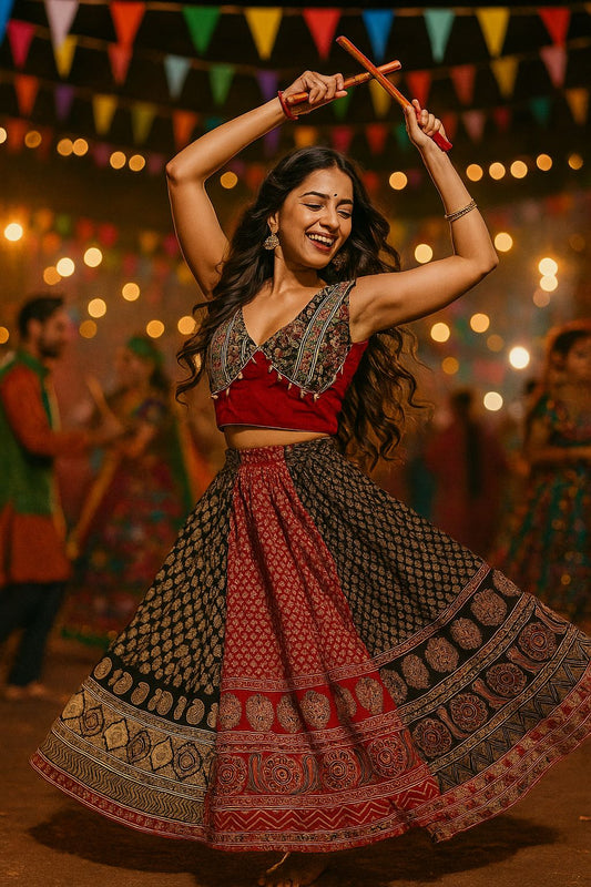 Heavy Ajrakh Cotton Print Chaniya Choli With Readymade Blouse & Dupatta