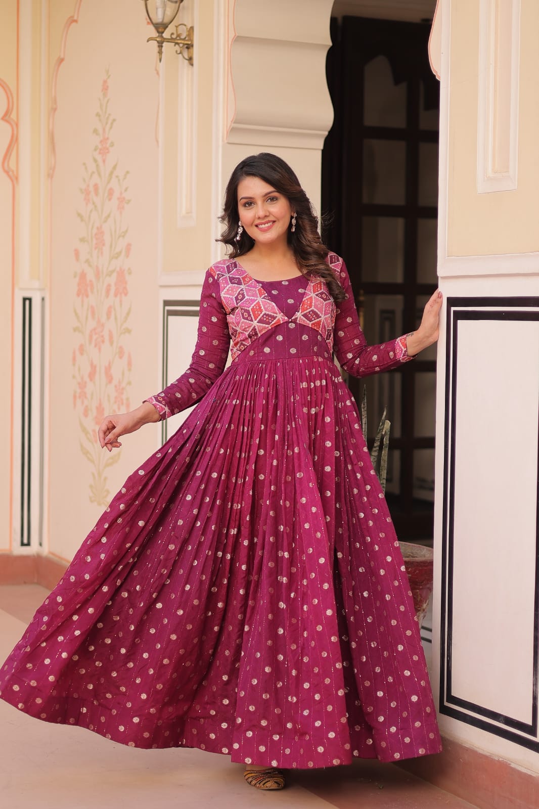 Premium Readymade Gown with Position Print Choli Design With Staple Jequard