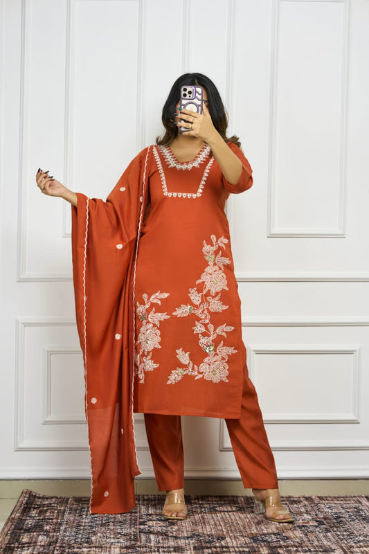 Premium Designer Roman Silk Kurti Pant Dupatta Set