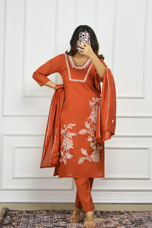 Premium Designer Roman Silk Kurti Pant Dupatta Set
