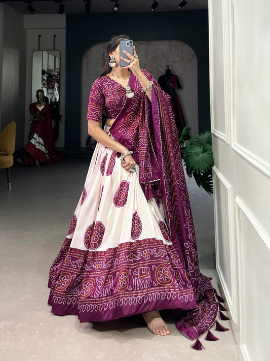 Tussar Lehenga Choli With Bandhej Print