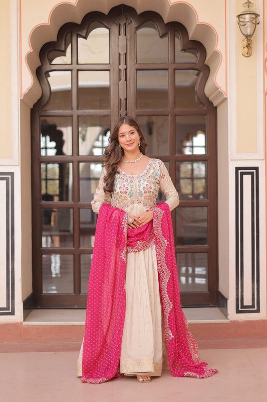 Cosmos Jacquard Gown with Bandhani Print Dupatta
