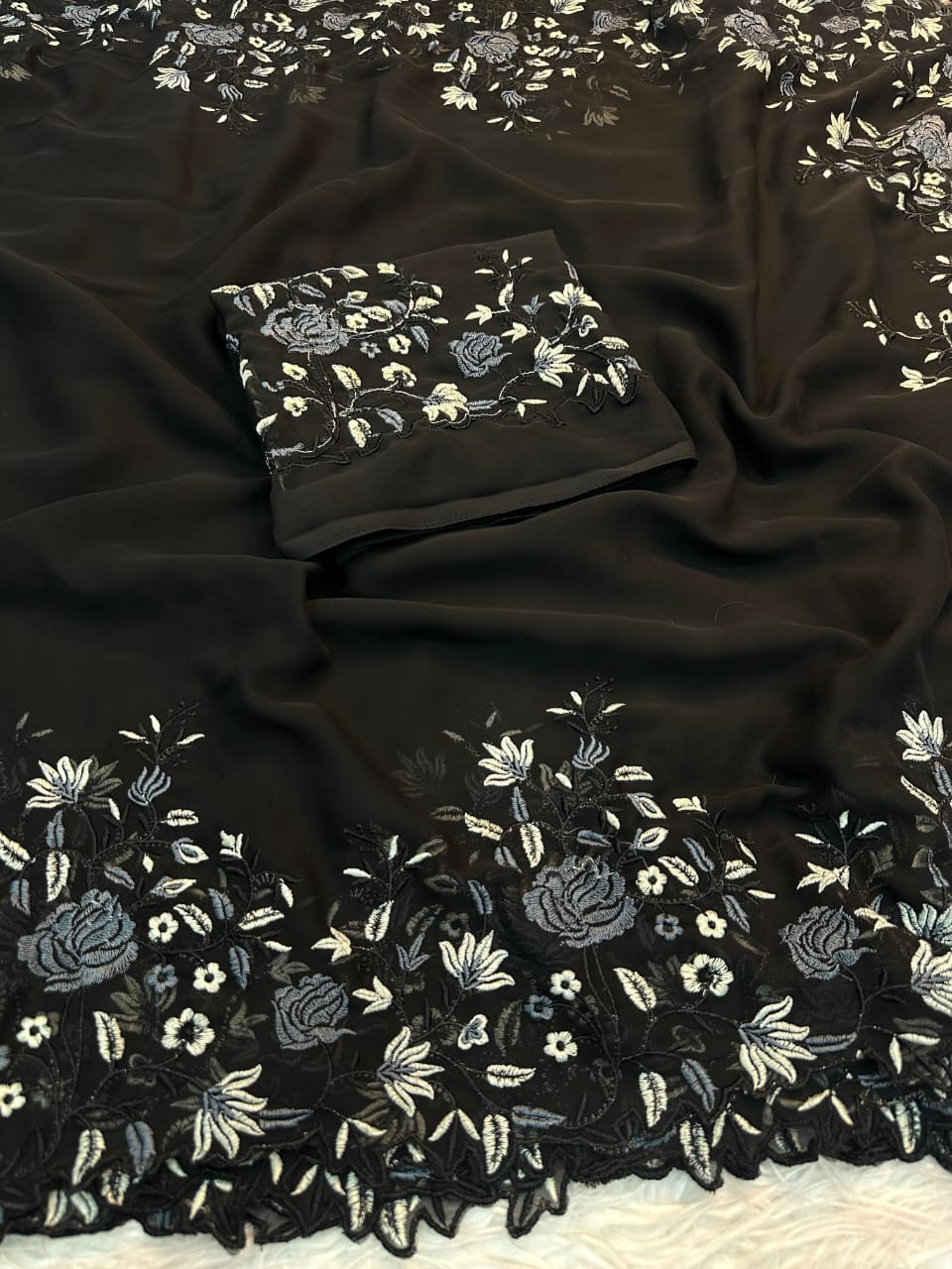 Pure Georgette Saree with Shaded Floral Embroidery