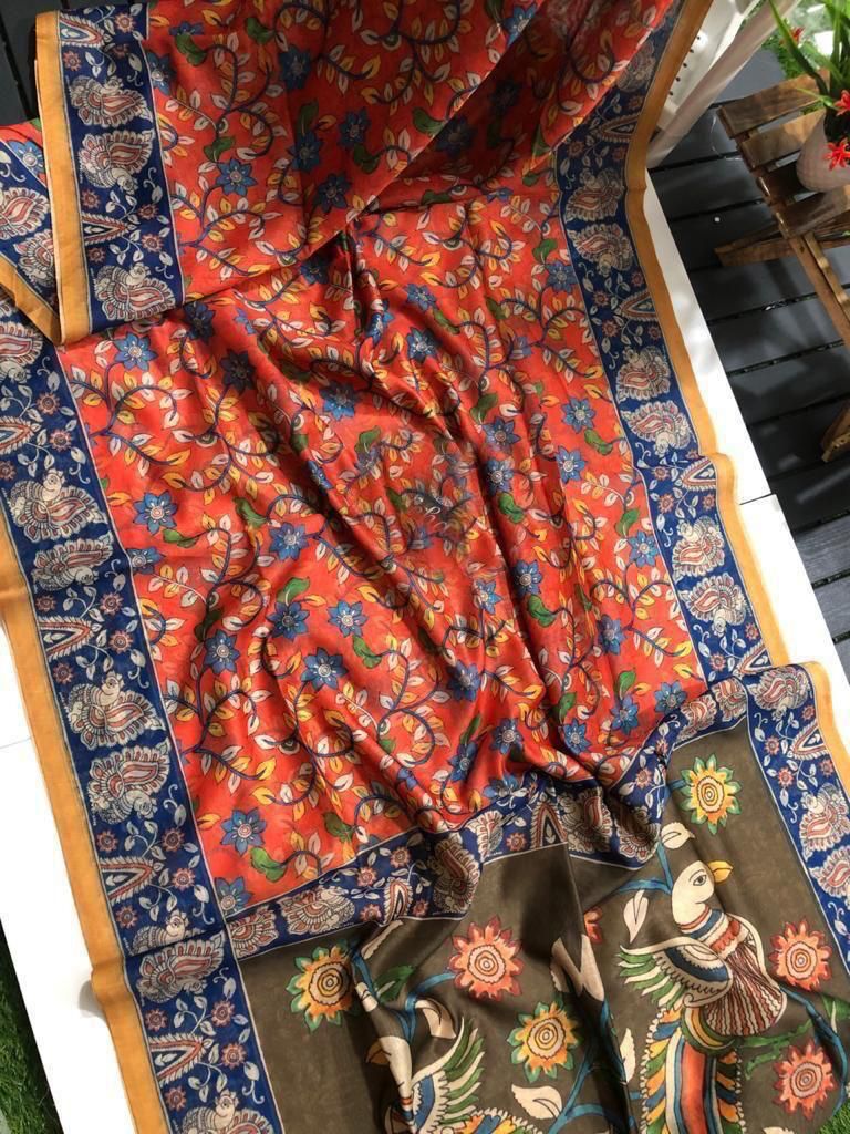 Graceful Linen Digital Print Saree with All-Over Kalamkari Design & Elegant Tassel Detailing