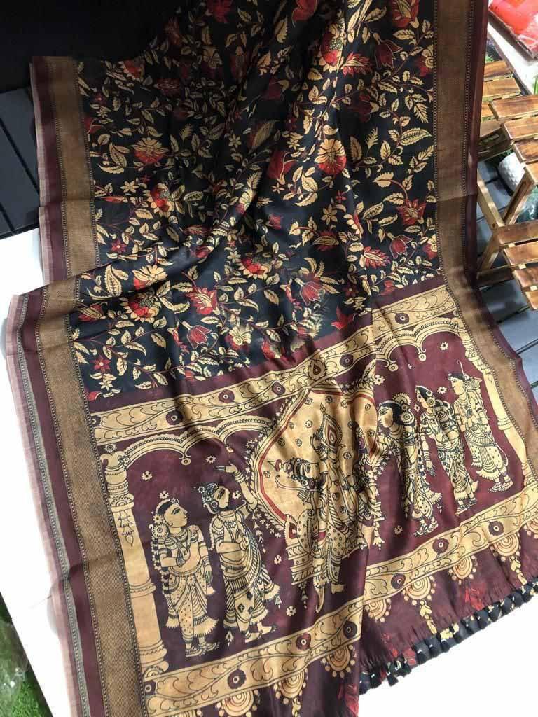 Graceful Linen Digital Print Saree with All-Over Kalamkari Design & Elegant Tassel Detailing