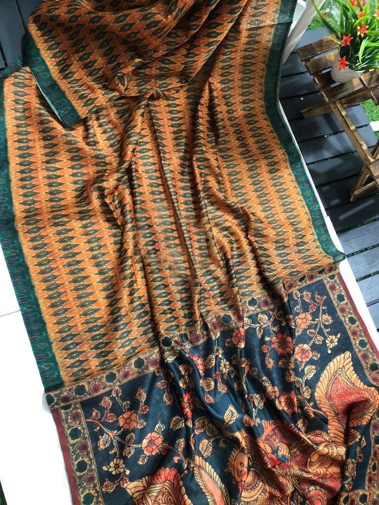 Graceful Linen Digital Print Saree with All-Over Kalamkari Design & Elegant Tassel Detailing