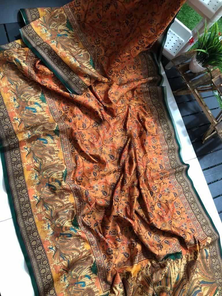 Graceful Linen Digital Print Saree with All-Over Kalamkari Design & Elegant Tassel Detailing