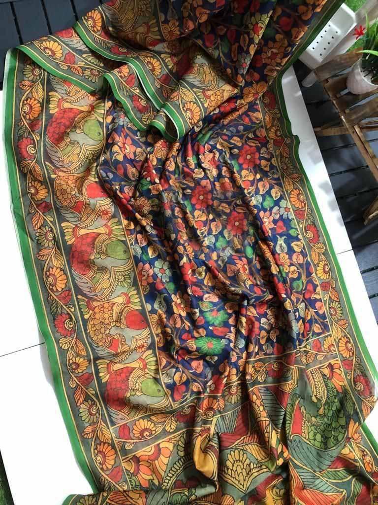 Graceful Linen Digital Print Saree with All-Over Kalamkari Design & Elegant Tassel Detailing