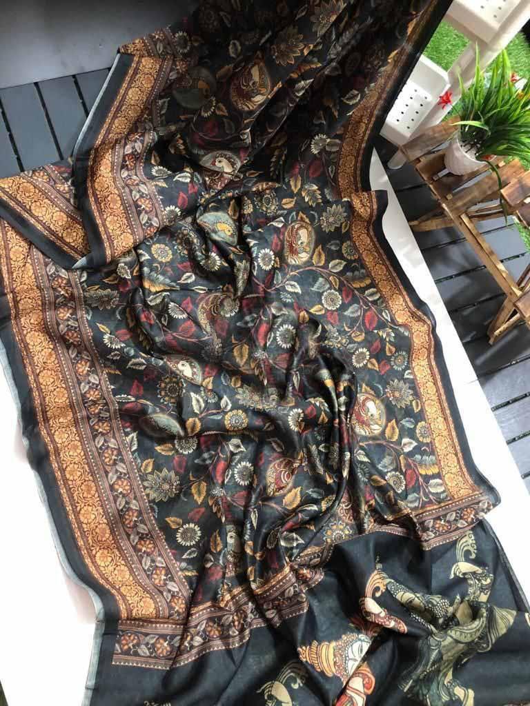Graceful Linen Digital Print Saree with All-Over Kalamkari Design & Elegant Tassel Detailing