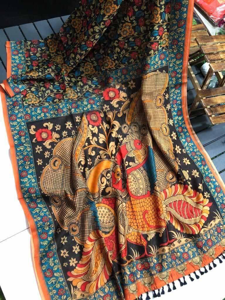 Graceful Linen Digital Print Saree with All-Over Kalamkari Design & Elegant Tassel Detailing