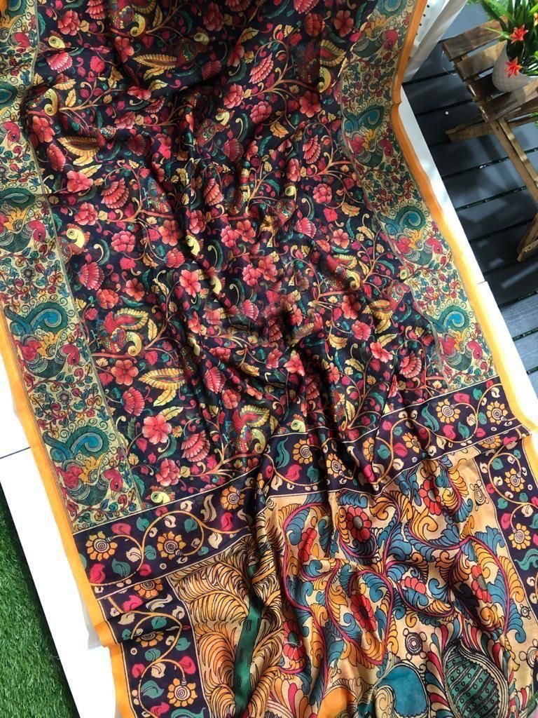 Graceful Linen Digital Print Saree with All-Over Kalamkari Design & Elegant Tassel Detailing