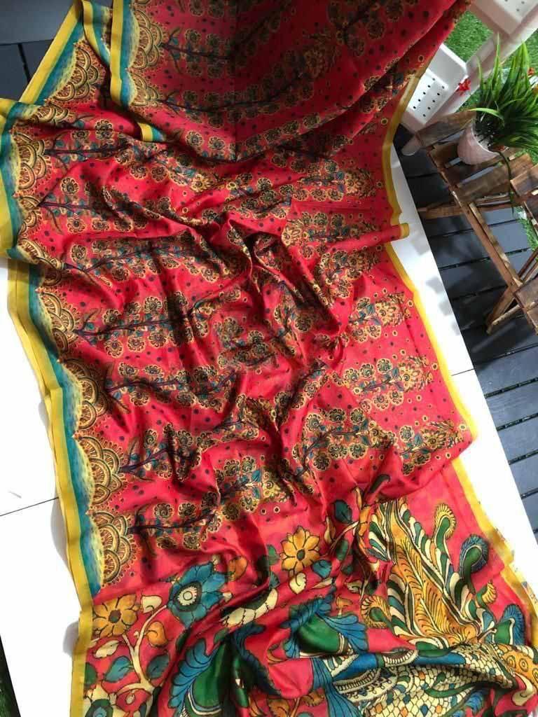 Graceful Linen Digital Print Saree with All-Over Kalamkari Design & Elegant Tassel Detailing