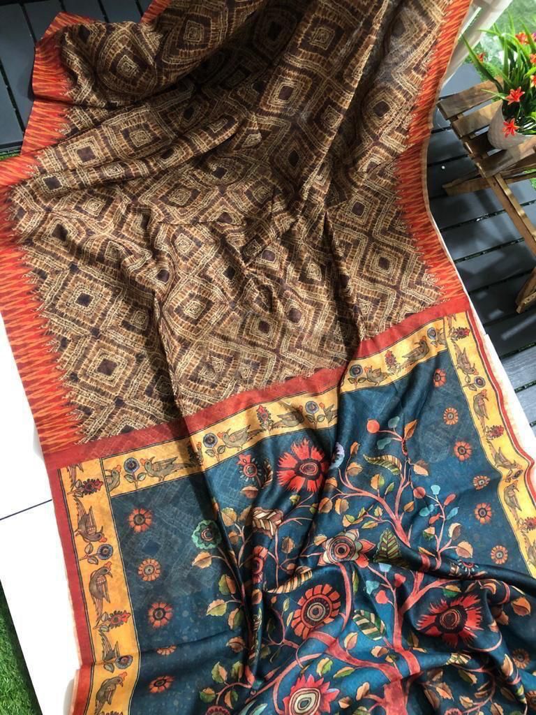 Graceful Linen Digital Print Saree with All-Over Kalamkari Design & Elegant Tassel Detailing