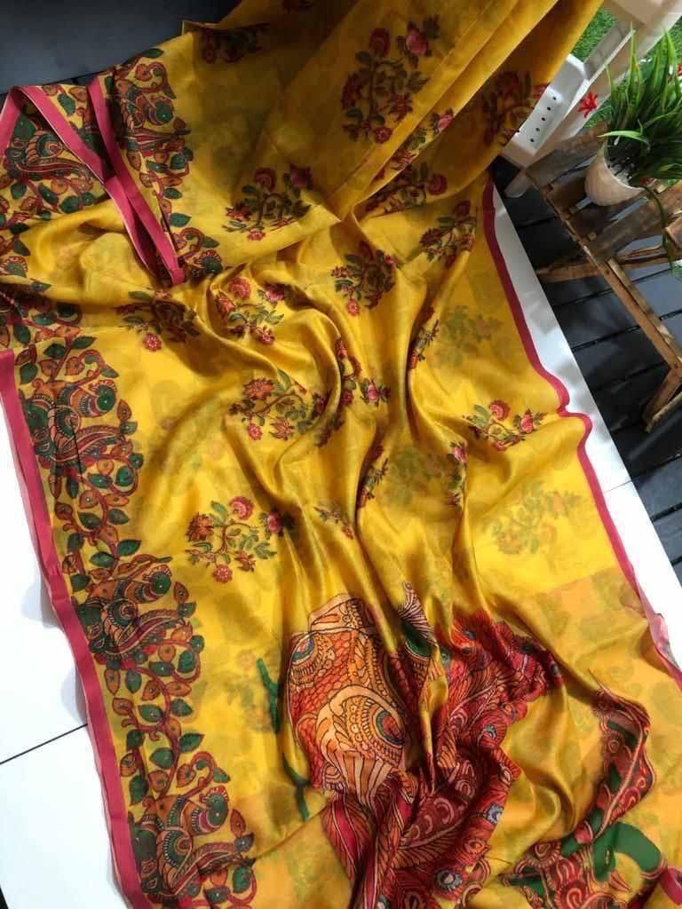 Graceful Linen Digital Print Saree with All-Over Kalamkari Design & Elegant Tassel Detailing