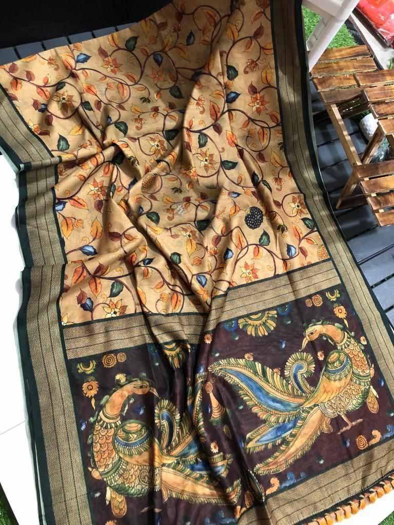 Graceful Linen Digital Print Saree with All-Over Kalamkari Design & Elegant Tassel Detailing