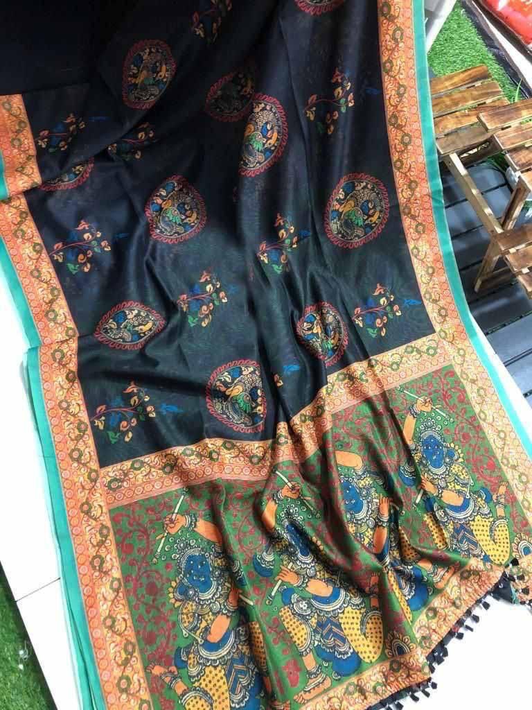 Graceful Linen Digital Print Saree with All-Over Kalamkari Design & Elegant Tassel Detailing
