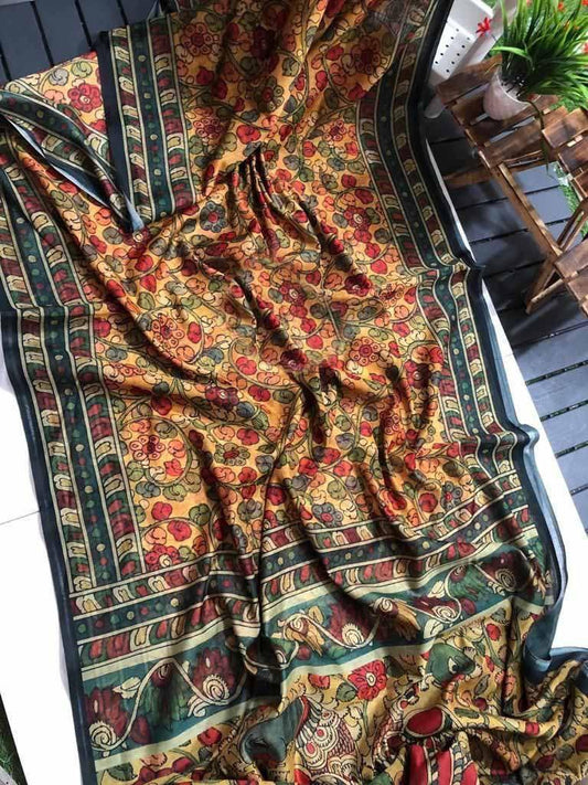 Graceful Linen Digital Print Saree with All-Over Kalamkari Design & Elegant Tassel Detailing