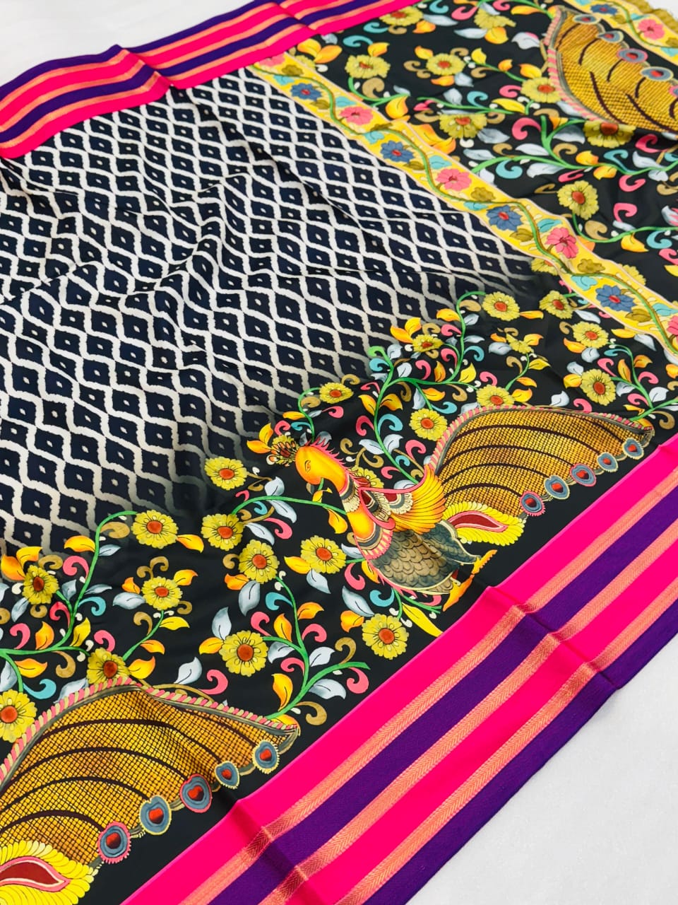 Experience Royal Elegance – A Luxurious Pure Krish Silk Saree with Sartin Zari Detailing