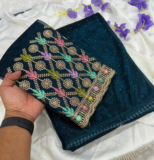 Newly Launched Cranberry Chiffon Saree with Golden Jarkand Diamond Work