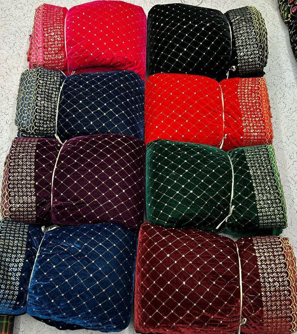 Premium Viscose Velvet Embroidery Sequence Fabric | Heavy Designer Quality