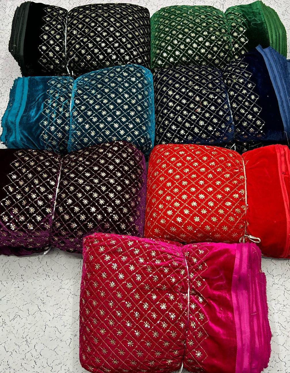 Premium Viscose Velvet Embroidery Sequence Fabric | Heavy Designer Quality