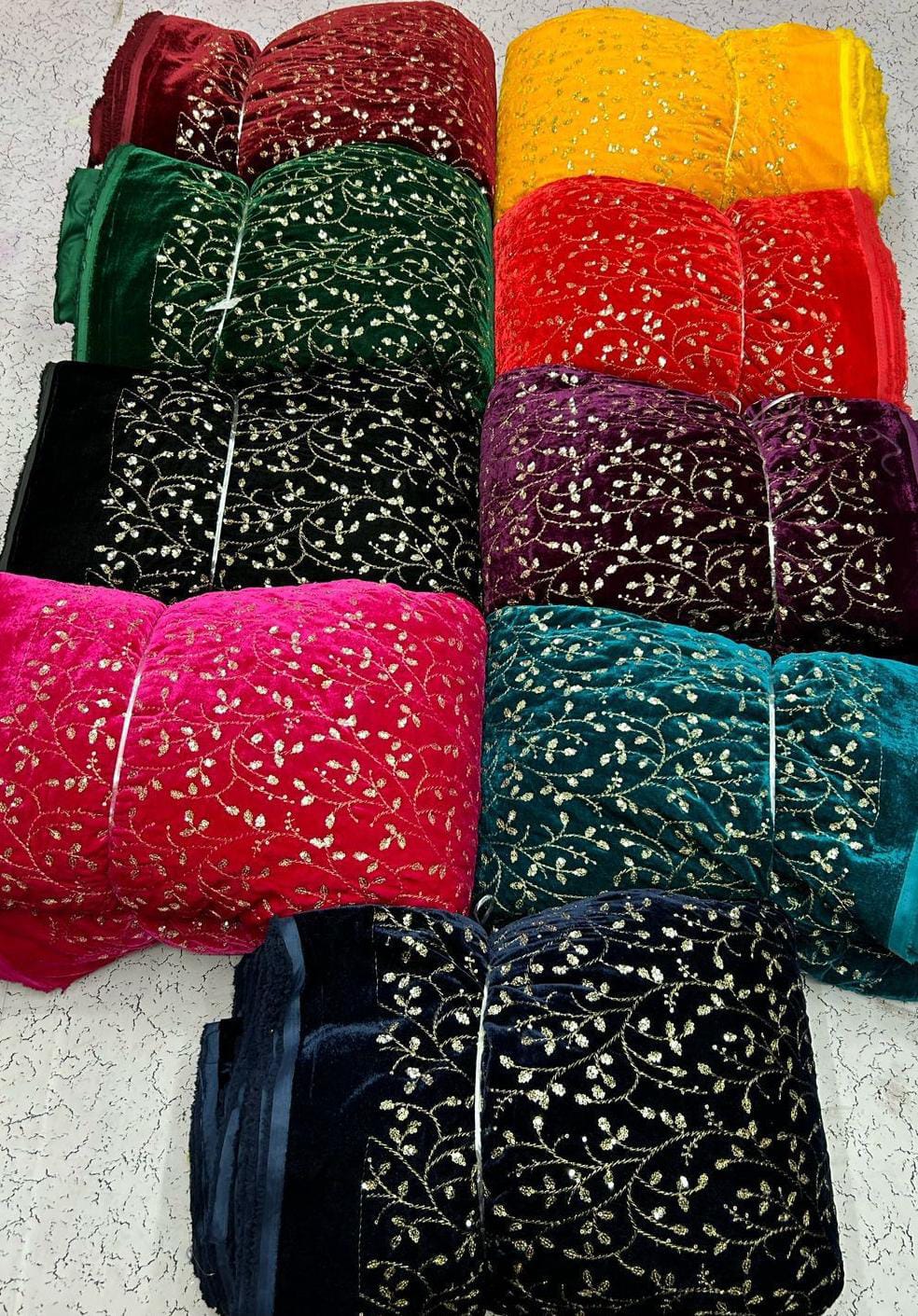 Premium Viscose Velvet Embroidery Sequence Fabric | Heavy Designer Quality
