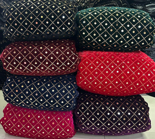Premium Viscose Velvet Embroidery Sequence Fabric | Heavy Designer Quality