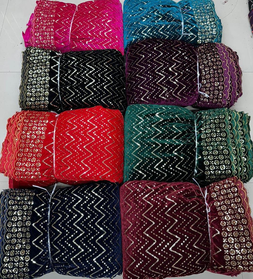 Premium Viscose Velvet Embroidery Sequence Fabric | Heavy Designer Quality