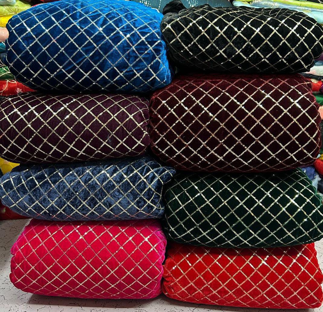 Premium Viscose Velvet Embroidery Sequence Fabric | Heavy Designer Quality