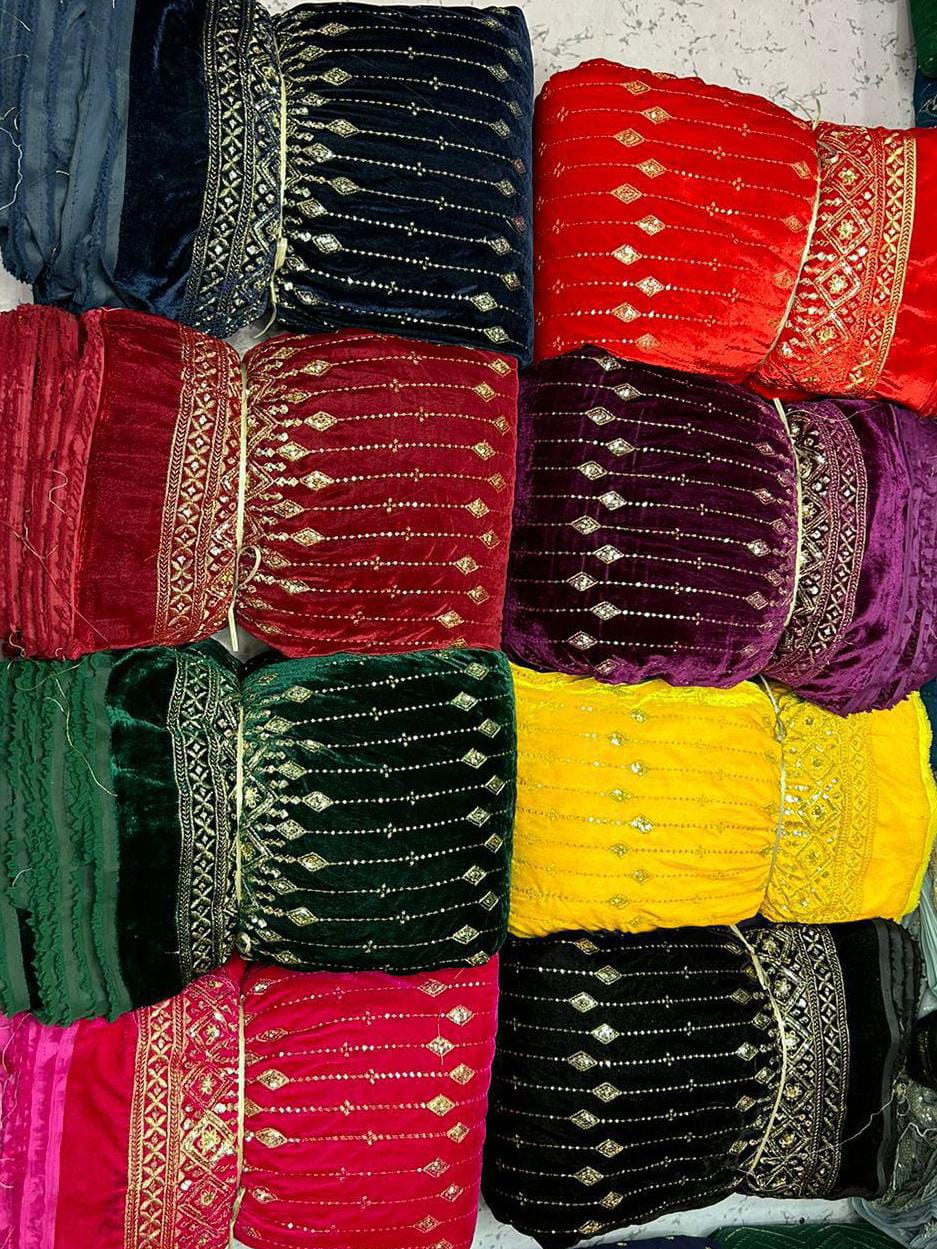 Premium Viscose Velvet Embroidery Sequence Fabric | Heavy Designer Quality
