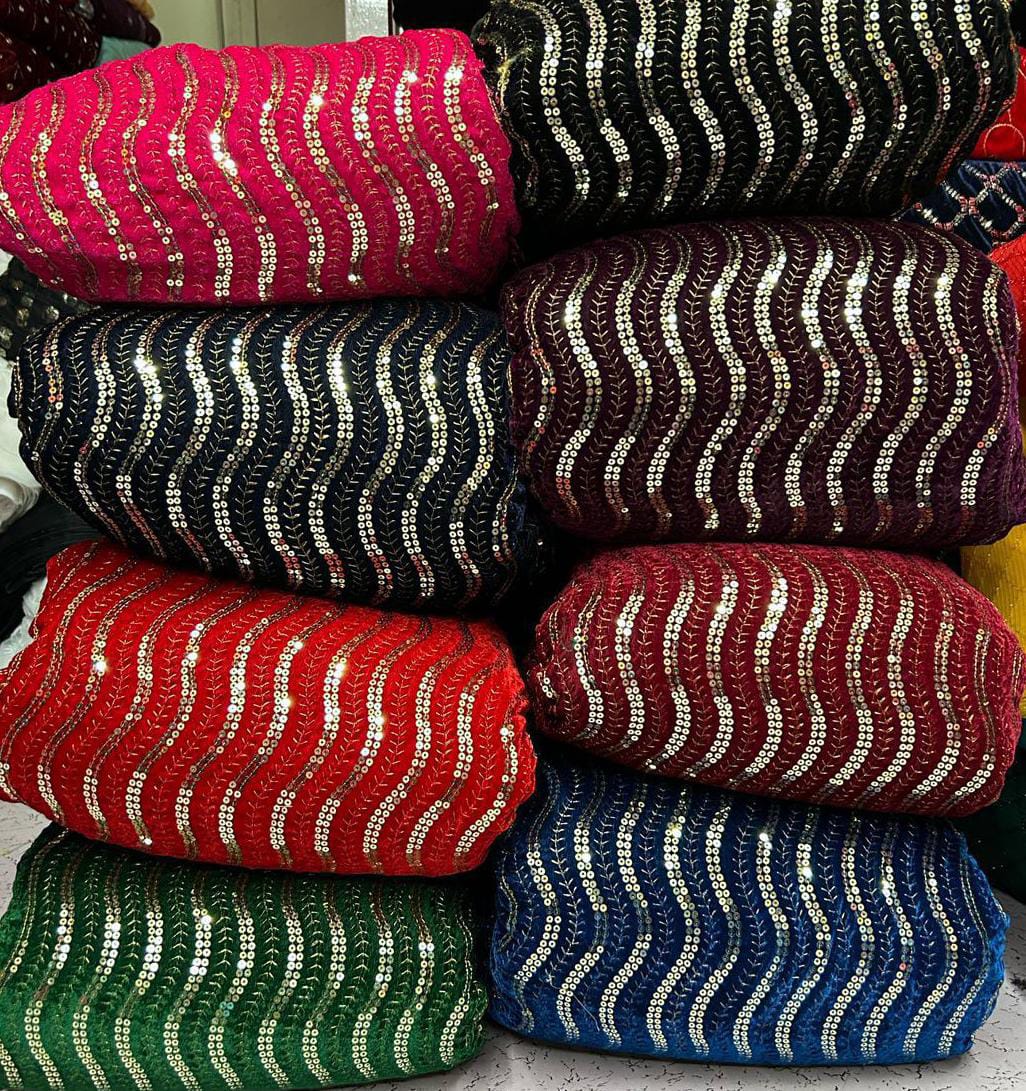 Premium Viscose Velvet Embroidery Sequence Fabric | Heavy Designer Quality