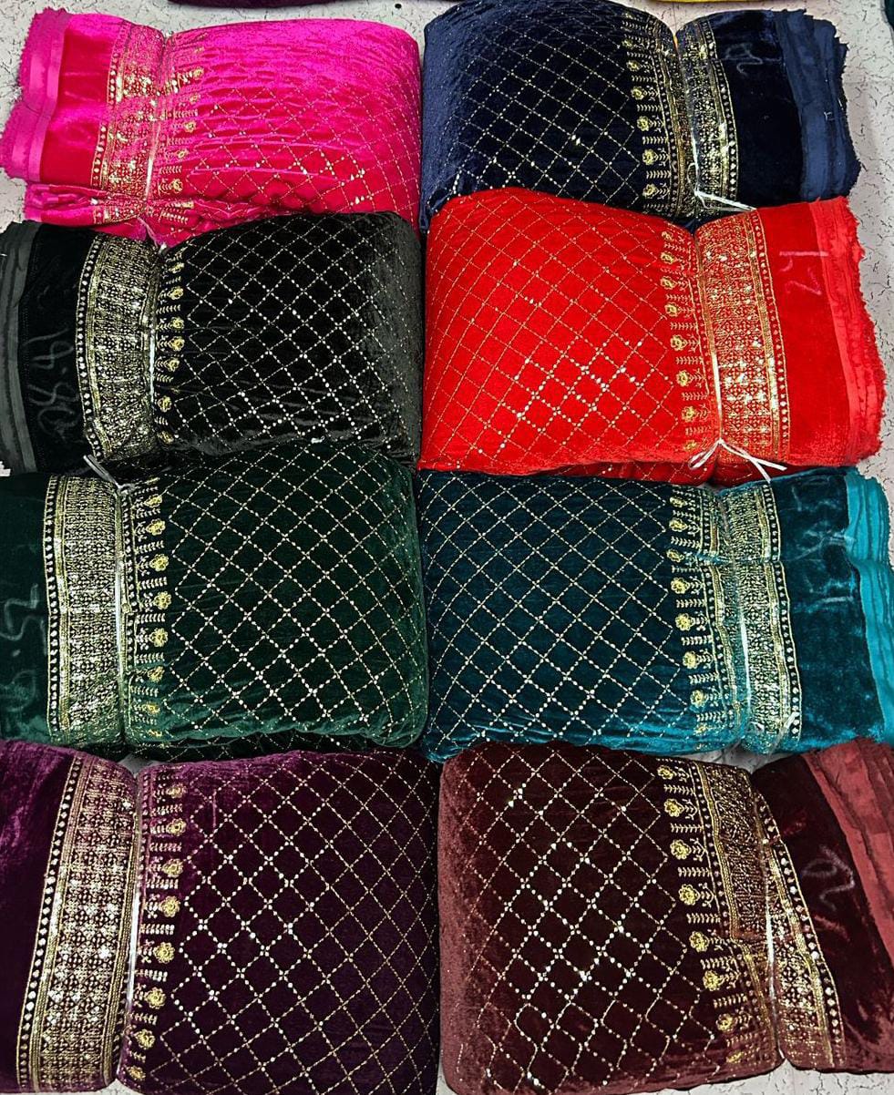 Premium Viscose Velvet Embroidery Sequence Fabric | Heavy Designer Quality