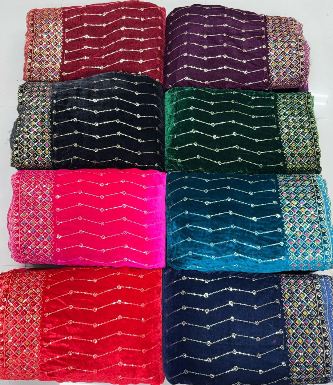 Premium Viscose Velvet Embroidery Sequence Fabric | Heavy Designer Quality