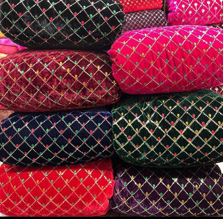 Premium Viscose Velvet Embroidery Sequence Fabric | Heavy Designer Quality
