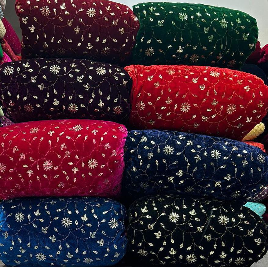 Premium Viscose Velvet Embroidery Sequence Fabric | Heavy Designer Quality